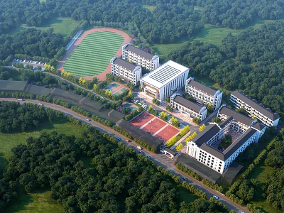 Modern School Buildings In Campus With Lush Green Trees And Sports Fields 3d model