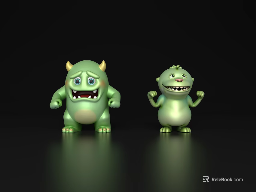 Two Green Cartoon Monsters With Different Expressions Standing On Shiny Surface 3d model