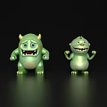 Two Green Cartoon Monsters With Different Expressions Standing On Shiny Surface 3d model