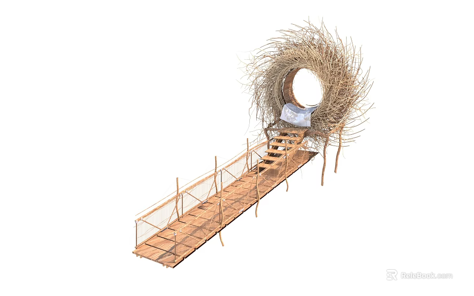 Natural Nest Shaped Structure With Wooden Bridge Circular Opening And Mat 3d model 