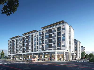 Modern Commercial Street With Multi story Buildings Storefronts And Busy Pedestrians 3d model