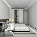 Modern Minimalist Bedroom Interior Design With Gray Bed Desk Chair Floor Lamp And White Curtains