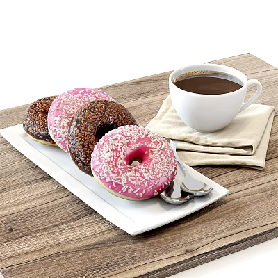 Colorful Donuts With Sprinkles And Chocolate Glaze Served With Coffee On Wooden Table 3d model