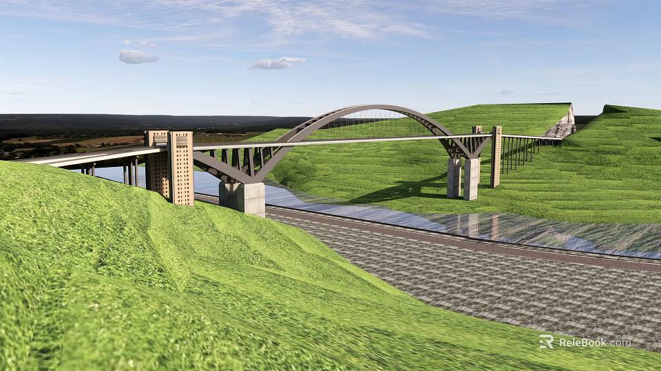 Modern Arch Bridge Structure Over Water With Green Grass And Paved Path 3d model