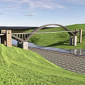 Modern Arch Bridge Structure Over Water With Green Grass And Paved Path 3d model