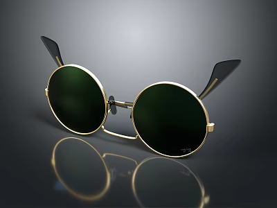 Classic Round Sunglasses With Gold Metal Frame Dark Green Lenses And Black Temples 3d model
