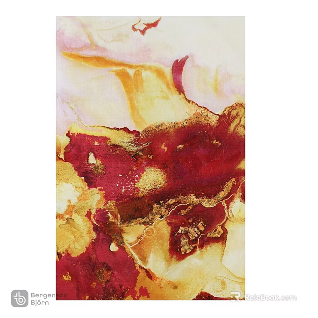 Vibrant Framed Abstract Painting With Red Gold Swirls And Artistic Textures 3d model 