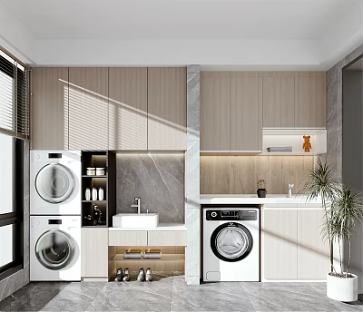 Modern Bathroom Cabinet Rack Design With Washing Machine Dryer Sink And Potted Plant 3d model