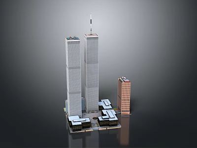 Cartoon Scene of 3D Twin Towers with Surrounding Buildings in Miniature Cityscape 3d model