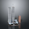 Cartoon Scene of 3D Twin Towers with Surrounding Buildings in Miniature Cityscape