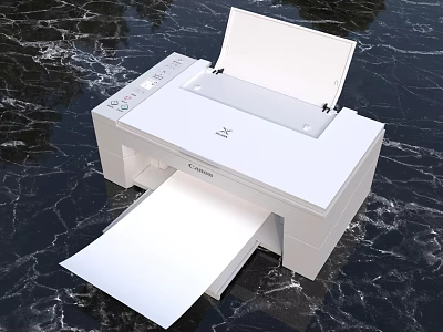 White Canon Office Printer With Printing Paper On Modern Marble Countertop Surface 3d model