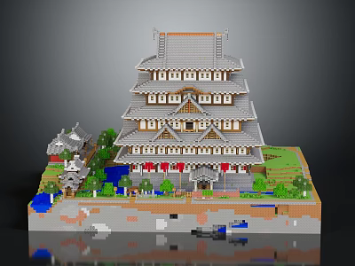 Traditional Japanese Multi Story Castle Brick Model With Small Buildings Greenery And Pond 3d model