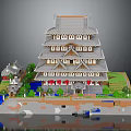 Traditional Japanese Multi Story Castle Brick Model With Small Buildings Greenery And Pond