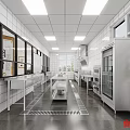 Spacious Commercial Kitchen With White Tiled Walls Ceiling Lights And Stainless Steel Equipment