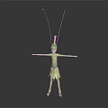 Green Game Movie Character With Antennae On Head Leaf Skirt Arms Outstretched Dark Background