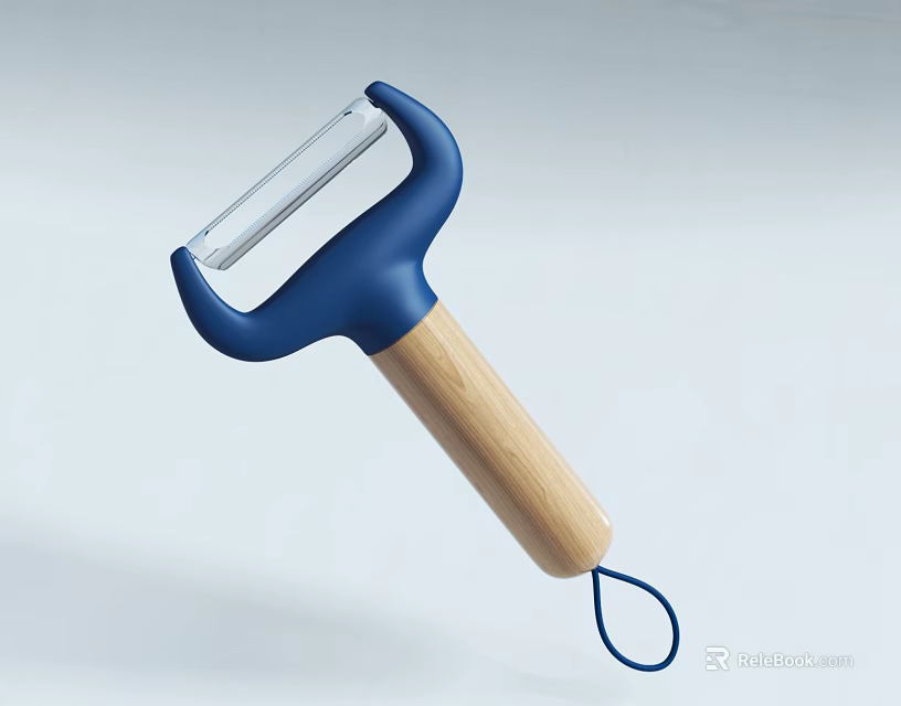 Practical Kitchen Peeler With Blue Plastic Handle And Wooden Grip Hanging Loop 3d model