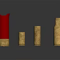 Weapon Bullet Casings in Golden and Red with Various Sizes on Reflective Surface