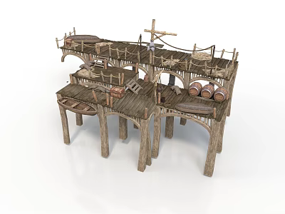 Rustic Wooden Dock Building With Multiple Platforms Ropes Barrels And Support Beams 3d model