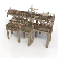 Rustic Wooden Dock Building With Multiple Platforms Ropes Barrels And Support Beams