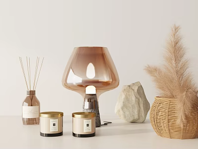 Decorative Ornament Set With Reed Diffuser Copper Lamp Candles Stone And Pampas Wicker Basket 3d model