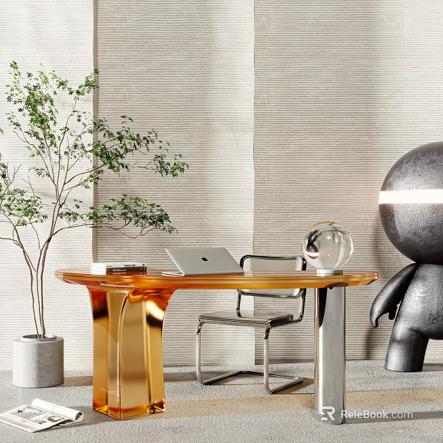 Elegant Golden Desk With Laptop Glass Globe Decoration Green Plant Black Sculpture And Textured Wall 3d model 