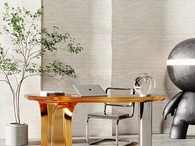 Elegant Golden Desk With Laptop Glass Globe Decoration Green Plant Black Sculpture And Textured Wall 3d model