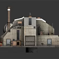 Detailed Cartoon Industrial Scene With Domed Buildings Chimneys Staircases And Red Barrels