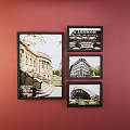 Red Wall Decor With Four Framed Paintings Featuring Architecture Steps PRESS Text And Arch Structure 3d model