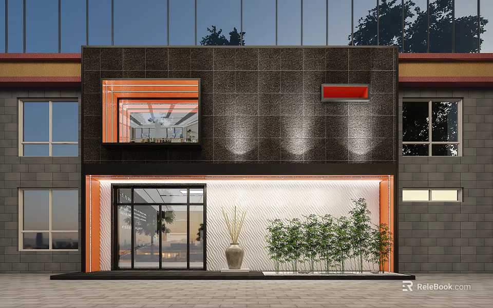 Modern Storefront Exterior Design With Black Wall Orange Accents Glass Door And Green Plants 3d model 