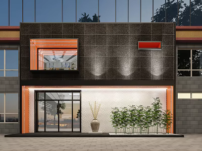 Modern Storefront Exterior Design With Black Wall Orange Accents Glass Door And Green Plants 3d model