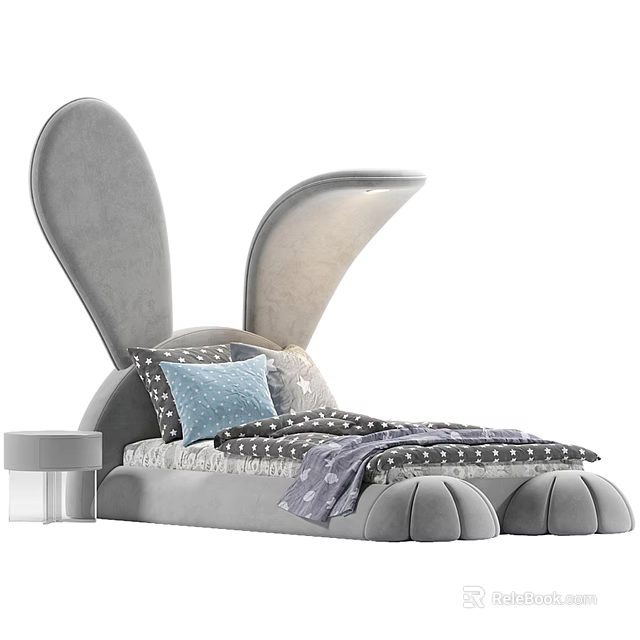 Gray Velvet Rabbit Ear Design Kids Bed With Soft Pillows And Polka Dot Blanket 3d model 