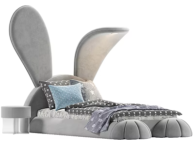 Gray Velvet Rabbit Ear Design Kids Bed With Soft Pillows And Polka Dot Blanket 3d model