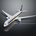 Singapore Airlines Modern Airliner With White Blue Yellow Stripes Wing Tail Design On Dark Background