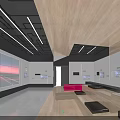 Modern Showroom Interior With Wooden Ceiling White Cabinets Red Sofa And Large Sunset Screen