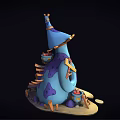 Cartoon Blue Purple House With Spiral Top Wooden Structures And Sandy Base