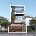Modern Three Story Detached Villa Exterior Design With Balconies Green Plants And Large Windows