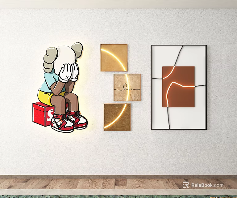 Modern Wall Decorations With Cartoon Figure Red Box Golden Panels And Framed Painting 3d model 