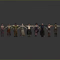 Various Costumed Creatures and Characters Standing in Line With Outstretched Arms Against Gray Background Reflections