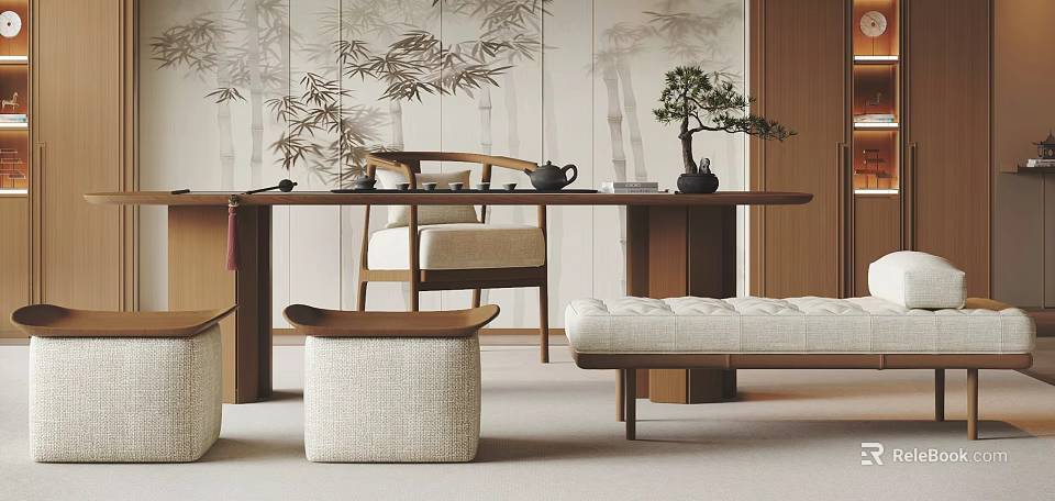 Zen Style Wooden Tea Table and Chairs with Bamboo Wallpaper and Potted Plant 3d model 