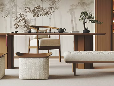 Zen Style Wooden Tea Table and Chairs with Bamboo Wallpaper and Potted Plant 3d model