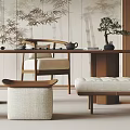 Zen Style Wooden Tea Table and Chairs with Bamboo Wallpaper and Potted Plant