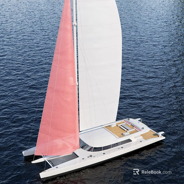 Catamaran Sailboat With Pink And White Sails On Blue Water Deck Seating Area 3d model 
