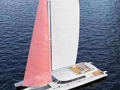 Catamaran Sailboat With Pink And White Sails On Blue Water Deck Seating Area 3d model