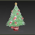 Festive Christmas Tree Decorated With Gold Star Top Colorful Balls Candy Canes Stockings Red Pot
