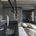 Modern Bedroom Interior With Large Bed Floor To Ceiling Window And Gray Tones Bookshelves