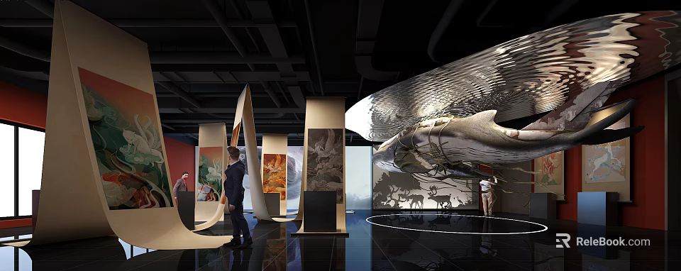 Modern Exhibition Hall Featuring Paintings Curved Structures Animal Motifs And Visitors On Illuminated Black Floor 3d model 