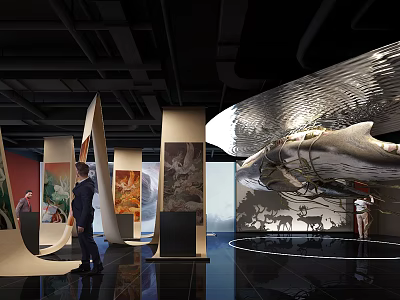 Modern Exhibition Hall Featuring Paintings Curved Structures Animal Motifs And Visitors On Illuminated Black Floor 3d model