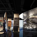 Modern Exhibition Hall Featuring Paintings Curved Structures Animal Motifs And Visitors On Illuminated Black Floor 3d model