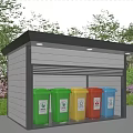 Waste Sorting Shelter With Colorful Recycling Bins In Outdoor Landscaped Area