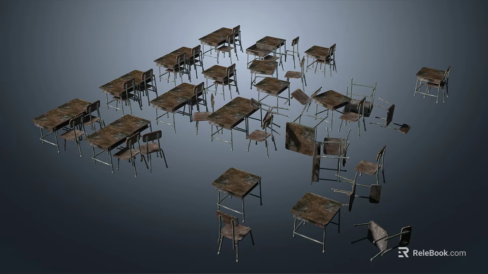 Multiple Dining Table And Chair Sets With Wooden Tops And Metal Frames 3d model 